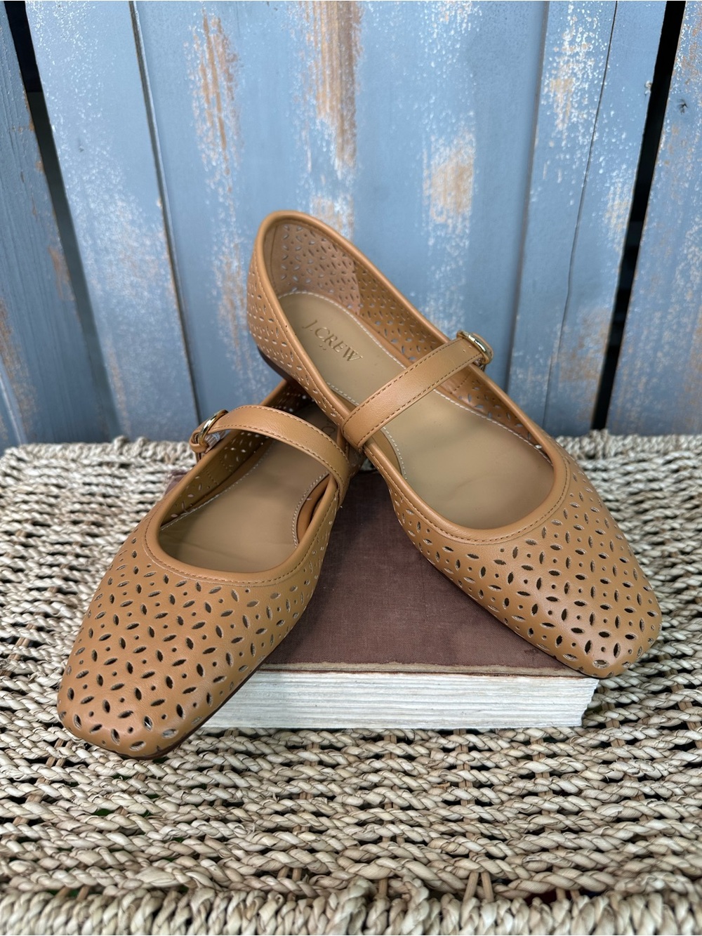 J. Crew Perforated Mary Jane Square Toe Flat Burnt Caramel Sz 9.5 NWOB